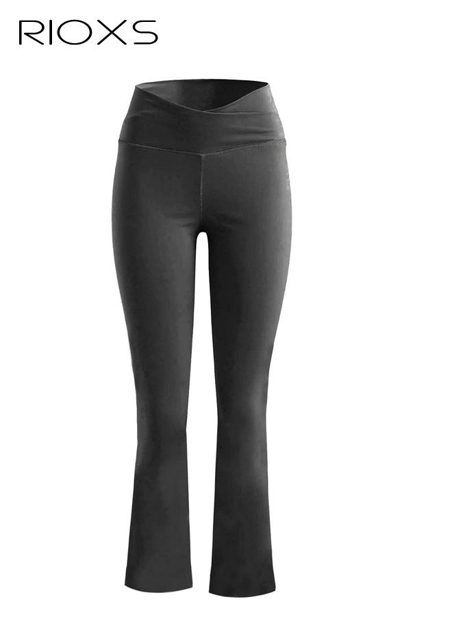 RIOXS Women's Flare Leggings, Ladies V Crossover Yoga Pants, Tummy Control High-Waisted Wide Leg Trousers, Gym Bootcut Yoga Pants, Bell Bottoms For Women, Deep Gray - Image 5